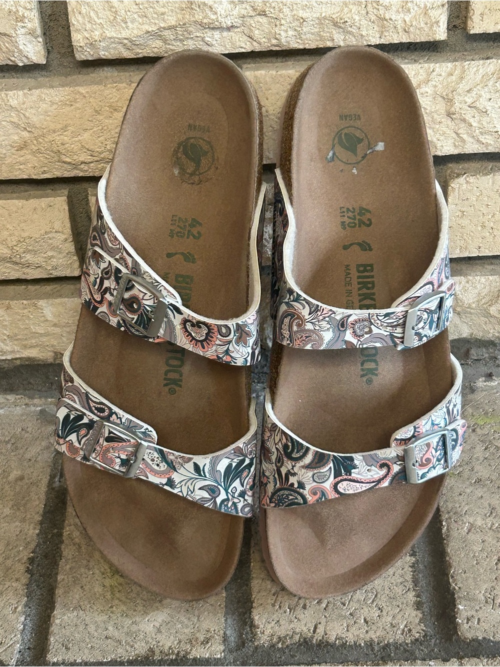 Birkenstock Sydney women’s White Paisley Double-Strap Vegan Sandal with Teal - Picture 4 of 9